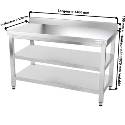 Table inox 1400 x 500 mm adossée avec 2 étagères / GOLDINOX