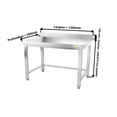 Table inox soubassement 1200 x 500 mm adossée avec renfort / GOLDINOX
