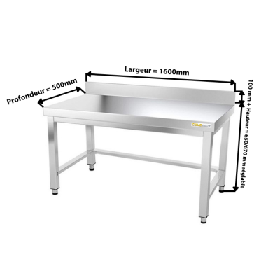 Table inox soubassement 1600 x 500 mm adossée avec renfort / GOLDINOX