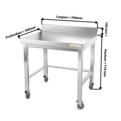 Table inox soubassement 700 x 500 mm adossée avec renfort sur roulettes / GOLDINOX