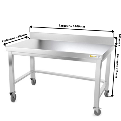 Table inox soubassement 1400 x 500 mm adossée avec renfort sur roulettes / GOLDINOX