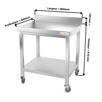 Table inox 800 x 800 mm adossée sur rouletes / GOLDINOX