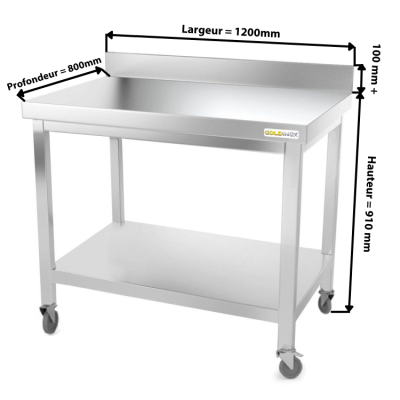 Table inox 1200 x 800 mm adossée sur roulettes / GOLDINOX