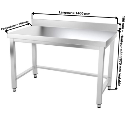 Table inox 1400 x 800 mm adossée avec renfort / GOLDINOX