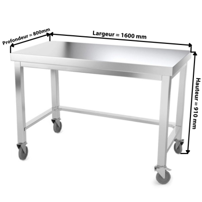 Table inox 1600 x 800 mm avec renfort sur roulettes / GOLDINOX