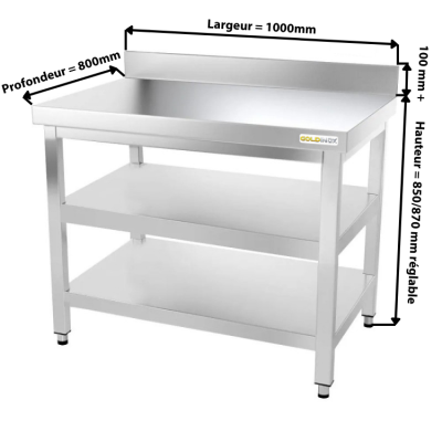 Table inox 1000 x 800 mm adossée avec 2 étagères / GOLDINOX