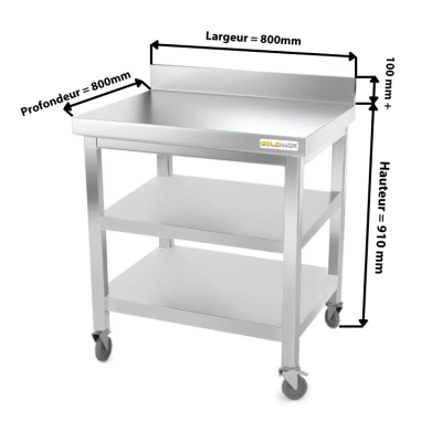 Table inox 800 x 800 mm adossée avec 2 étagères sur roulettes / GOLDINOX