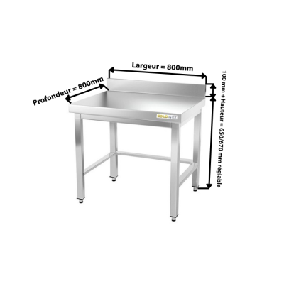 Table inox soubassement 800 x 800 mm adossée avec renfort / GOLDINOX 