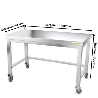 Table inox soubassement 1400 x 800 mm avec renfort sur roulettes / GOLDINOX 