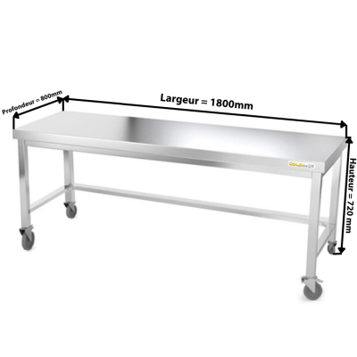 Table inox soubassement 1800 x 800 mm avec renfort sur roulettes / GOLDINOX 