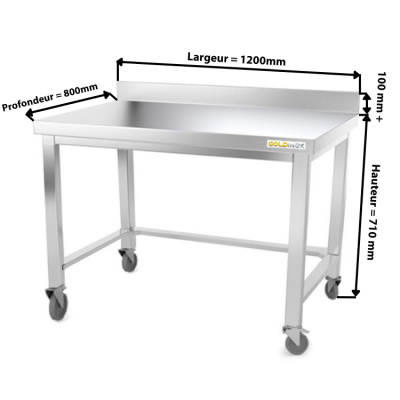 Table inox soubassement 1200 x 800 mm adossée avec renfort sur roulettes / GOLDINOX 