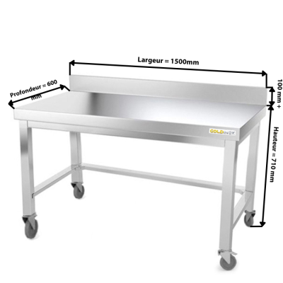 Table inox soubassement 1500 x 600 mm adossée avec renfort sur roulettes / GOLDINOX