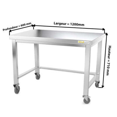 Table inox soubassement 1200 x 600 mm avec renfort sur roulettes / GOLDINOX