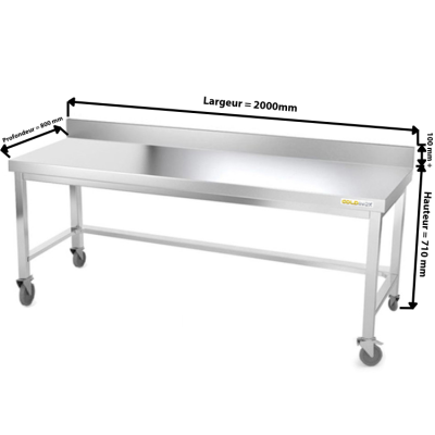 Table inox soubassement 2000 x 800 mm adossée avec renfort sur roulettes / GOLDINOX 