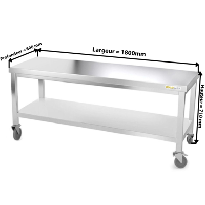 Table inox soubassement 1800 x 800 mm sur roulettes / GOLDINOX 