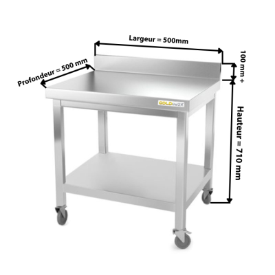 Table inox soubassement 500 x 500 mm adossée sur roulettes / GOLDINOX