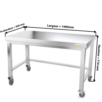 Table inox soubassement 1400 x 500 mm avec renfort sur roulettes / GOLDINOX