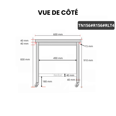 Table inox 1500 x 600 mm avec renfort sur roulettes / GOLDINOX