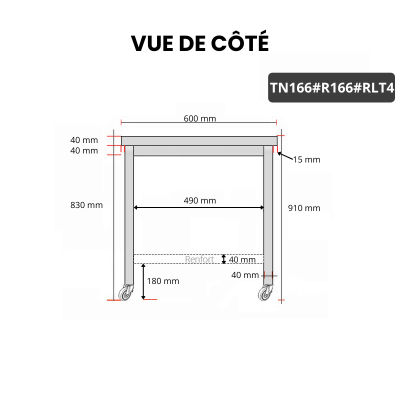 Table inox 1600 x 600 mm avec renfort sur roulettes / GOLDINOX