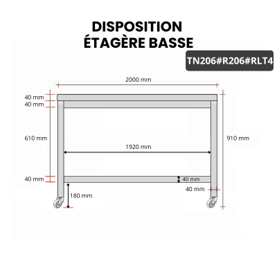 Table inox 2000 x 600 mm avec renfort sur roulettes / GOLDINOX