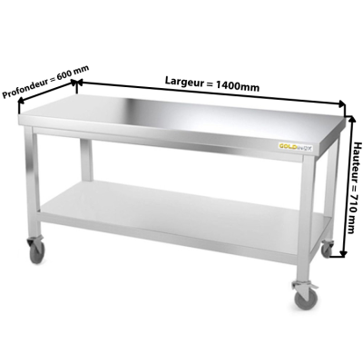 Table inox soubassement 1400 x 600 mm sur roulettes / GOLDINOX