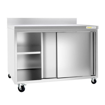 Meuble bas inox 2000 x 600 mm adossé sur roulettes PREMIUM / GOLDINOX