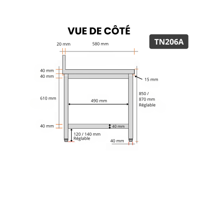 Table inox 2000 x 600 mm adossée PREMIUM / RESTONOBLE