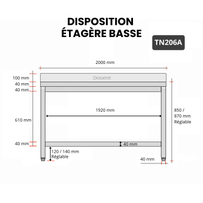 Table inox 2000 x 600 mm adossée PREMIUM / RESTONOBLE