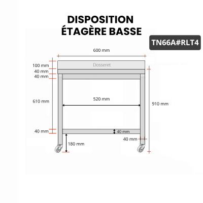 Table inox 600 x 600 mm adossée sur roulettes PREMIUM / GOLDINOX