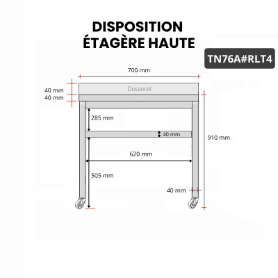 Table inox 700 x 600 mm adossée sur roulettes PREMIUM / GOLDINOX