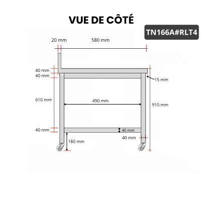 Table inox 1600 x 600 mm adossée sur roulettes PREMIUM / GOLDINOX
