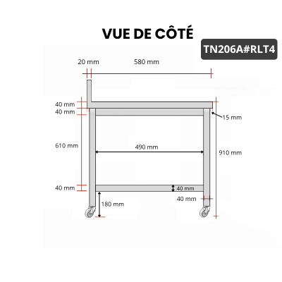 Table inox 2000 x 600 mm adossée sur roulettes PREMIUM / GOLDINOX