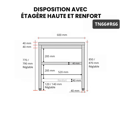 Table inox 600 x 600 mm avec renfort PREMIUM / GOLDINOX
