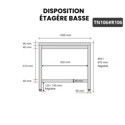 Table inox 1000 x 600 mm avec renfort PREMIUM / GOLDINOX