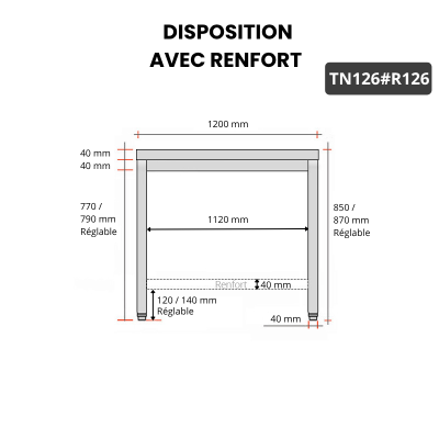 Table inox 1200 x 600 mm avec renfort PREMIUM / GOLDINOX