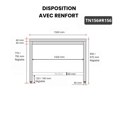 Table inox 1500 x 600 mm avec renfort PREMIUM / GOLDINOX