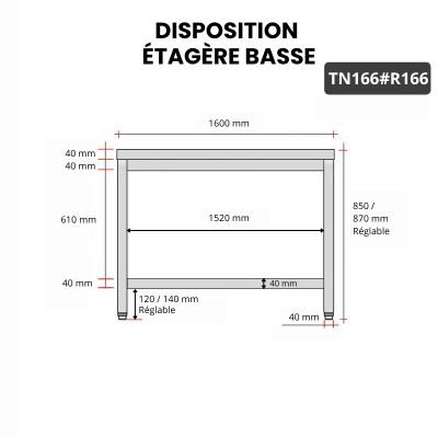 Table inox 1600 x 600 mm avec renfort PREMIUM / GOLDINOX