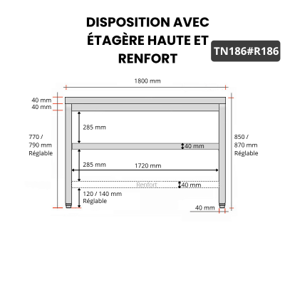 Table inox 1800 x 600 mm avec renfort PREMIUM / GOLDINOX