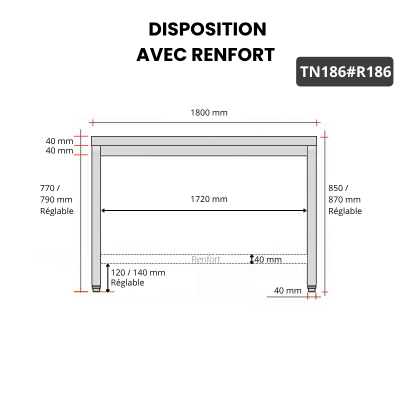 Table inox 1800 x 600 mm avec renfort PREMIUM / GOLDINOX