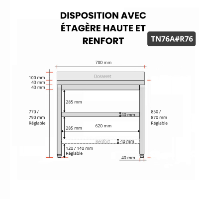 Table inox 700 x 600 mm adossée avec renfort PREMIUM / GOLDINOX