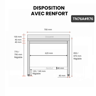 Table inox 700 x 600 mm adossée avec renfort PREMIUM / GOLDINOX