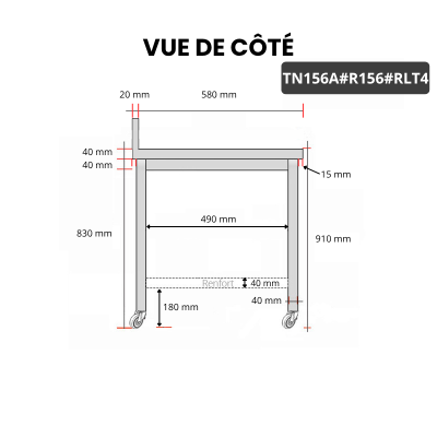 Table inox 1500 x 600 mm adossée avec renfort sur roulettes / GOLDINOX