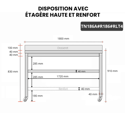 Table inox 1800 x 600 mm adossée avec renfort sur roulettes / GOLDINOX