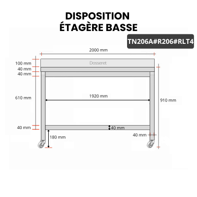 Table inox 2000 x 600 mm adossée avec renfort sur roulettes / GOLDINOX