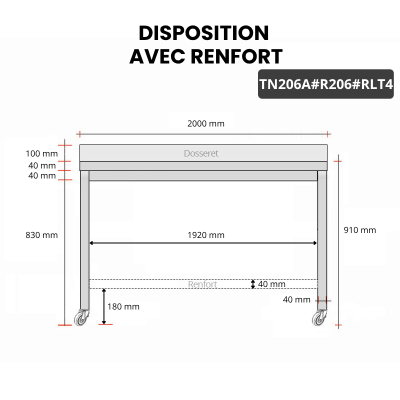Table inox 2000 x 600 mm adossée avec renfort sur roulettes / GOLDINOX