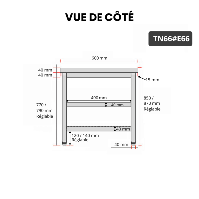 Table inox 600 x 600 mm avec 2 étagères PREMIUM / GOLDINOX
