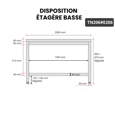 Table inox 2000 x 600 mm avec 2 étagères / GOLDINOX
