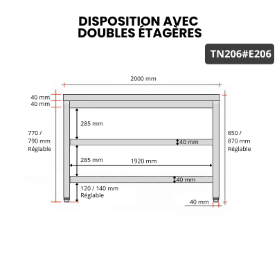 Table inox 2000 x 600 mm avec 2 étagères / GOLDINOX