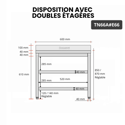 Table inox 600 x 600 mm adossée avec 2 étagères PREMIUM / GOLDINOX