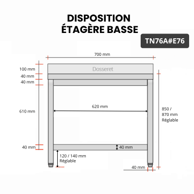 Table inox 700 x 600 mm adossée avec 2 étagères / GOLDINOX